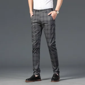 926 Men's Casual Tartan Design Slim Fit Straight Business Suit Trousers Windproof Breathable Outdoor Pants