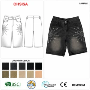Ohsisa High Street Trendy Men's Denim Shorts Heavyweight Denim Shorts Rhinestones Crystal Jorts Vintage Baggy for Men's Shorts